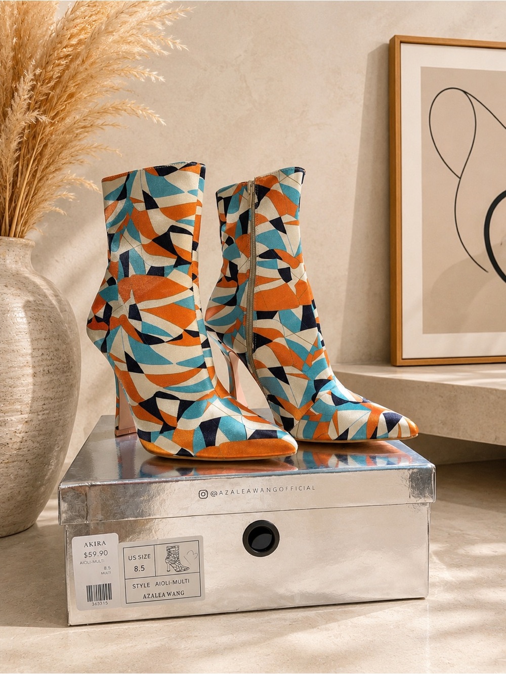 Azalea Wang - Orange Multi Geometric Ankle Boots - Picture 5 of 9